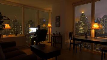 jung erfolgreich Mann Leben im hoch erhebt euch Stadt Wohnung mit Horizont Aussicht video