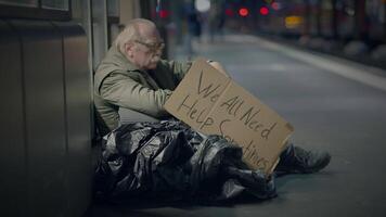 Depressed Unemployed Senior Homeless Beggar Being Poor After Job Loss video