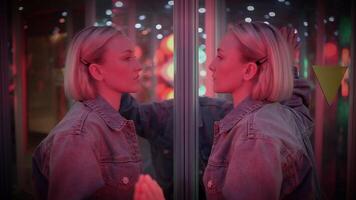 Confident Female Person Moving Inside Hall of Mirrors Seeing Self Reflection video