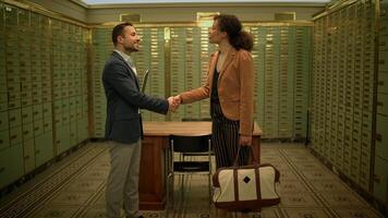 Confident Woman with Black Curly Hair Talking To Man in Business Suit video