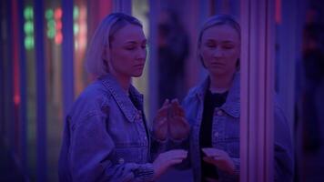 Confident Female Person Moving Inside Hall of Mirrors Seeing Self Reflection video