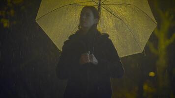 sentimental solitário jovem mulher ansioso chorando dentro chuvoso noite video