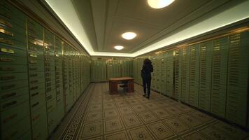 A woman is in a long hallway with lockers, dark lighting video