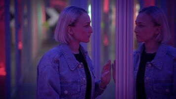 Confident Female Person Moving Inside Hall of Mirrors Seeing Self Reflection video