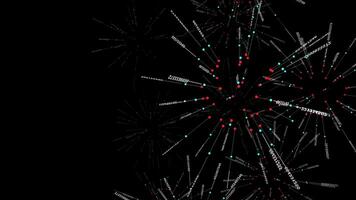 Numbers float in the dark sky resembling a digital fireworks display video