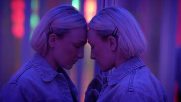 confiante fêmea pessoa comovente dentro corredor do espelhos vendo auto reflexão video
