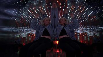 Young Blond Woman Exploring Room of Mirrors in Dreamlike Fantasy Neon Light video