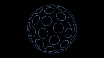 a Projeto características uma luminoso esférico rede com circular padrões conjunto contra uma Sombrio fundo video