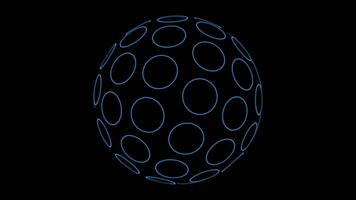 The design features a luminous spherical grid with circular patterns set against a dark background video