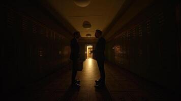 Two People Meeting In Dark Room Handing Over Money in Suspicious Transaction video