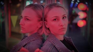 Young Blond Woman Exploring Room of Mirrors in Dreamlike Fantasy Neon Light video