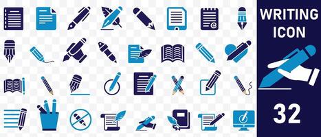 Writing icon set. Containing pen, write, pencil, note, edit, writer, document, nib, text and more. Solid icons collection. vector