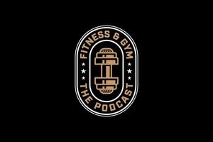 podcast con micrófono y barra con pesas logo diseño para gimnasio deporte y sano entretenimiento vector