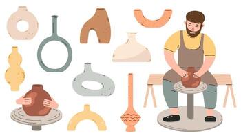 Pottery big set, collection ceramic vases vector