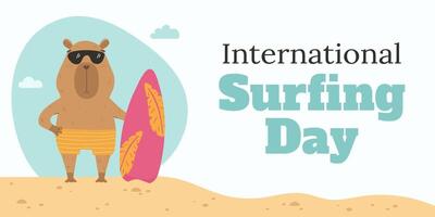 International surf day illustration with capybara vector