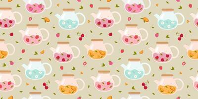 Pattern with glass teapots with different flavors vector