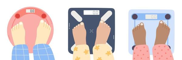 Set of person is standing on bathroom scales over vector