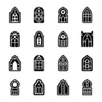 paquete de mezquita y catedral ventanas glifo íconos vector