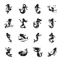 Collection of 16 Mermaid Glyph Style Icons vector