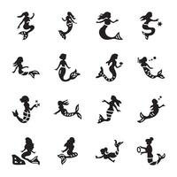 Collection of Mermaid Girls Glyph Icons vector