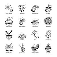 Bundle of 16 Diwali Doodle Icons vector