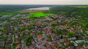 Drone view Pilsensee See in Bayern, Seefeld, Hechendorf Deutschland Luftaufnahme. Aerial view of lake Pilsensee shared lake area with Lake Ammer in Bavaria, Germany near Munich. video