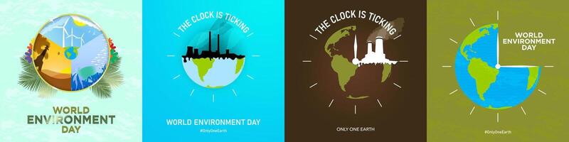 World Environment Day Concept Posters. The clock is ticking of Earth because of pollution. Animals in wildlife logo symbol. Clean energy, air pollution, water pollution, smoke stacks. vector