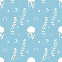 Seamless pattern with white jellyfish and bubbles isolated on light blue background. Bubbles vary in size and are scattered throughout the space. vector