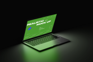 Laptop and keyboard mockup set on dark background psd