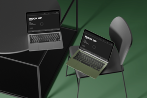 il computer portatile modello su il scrivania e sedia con minimo scena psd