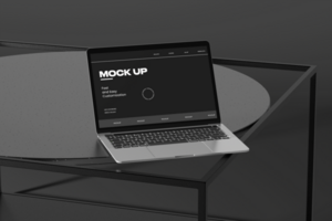 Mockup laptop and keyboard on the desk and minimalist background psd