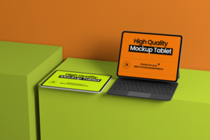 Editable device tablet with minimal background design psd