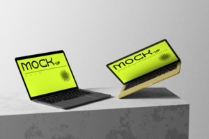 Laptop Gerät Attrappe, Lehrmodell, Simulation mit Mauer Hintergrund und minimal Stil psd
