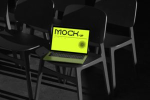 3d device laptop mockup with chair scene psd