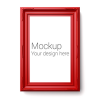 Mockup of red frame for poster or photo on white wall psd