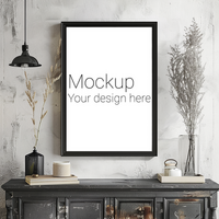 Black frame mockup for poster or photo on the wall above table in the living room psd