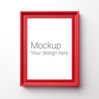 Mockup of red frame for poster or photo on white wall psd