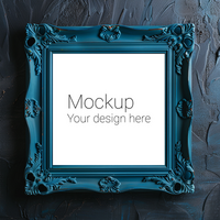 Mockup of blue square patterned frame for poster or photo on gray wall psd