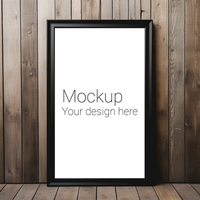 Mockup of black poster or photo frame on brown wooden background psd