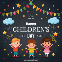 A poster for children's day with three children and colorful banners psd