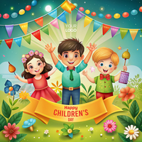 A colorful poster with three children holding a bunch of balloons psd