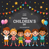 A poster for children's day with a group of kids holding balloons psd