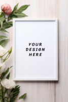 Photo frame mockup on wooden background with flowers psd