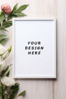 foto kader mockup Aan houten achtergrond met bloemen psd