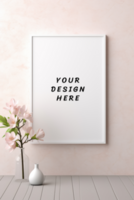 Photo frame mockup on pink wall with flowers psd