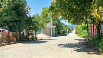 Colorful street with houses palms cars jungle Puerto Escondido Mexico. video