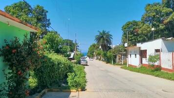 Colorful street with houses palms cars jungle Puerto Escondido Mexico. video