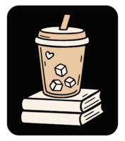 Book pile and iced latte takeaway coffee cup cute kawaii aesthetic fresh drink lovers drawing illustration sticker png