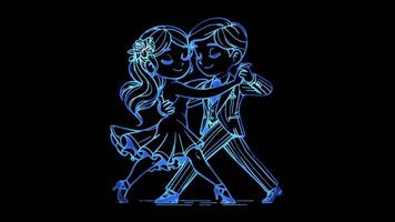 Glowing looping icon, man and woman dancing effect, black background. video