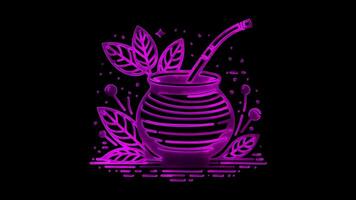Glowing looping icon, traditional South American herbal tea effect, black background. video